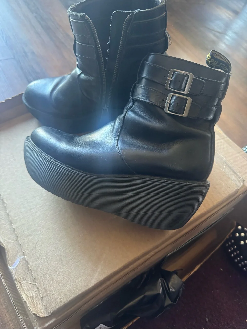 Dr. Martens Caitlin Black  Leather Platform Ankle Boots with Double Buckles